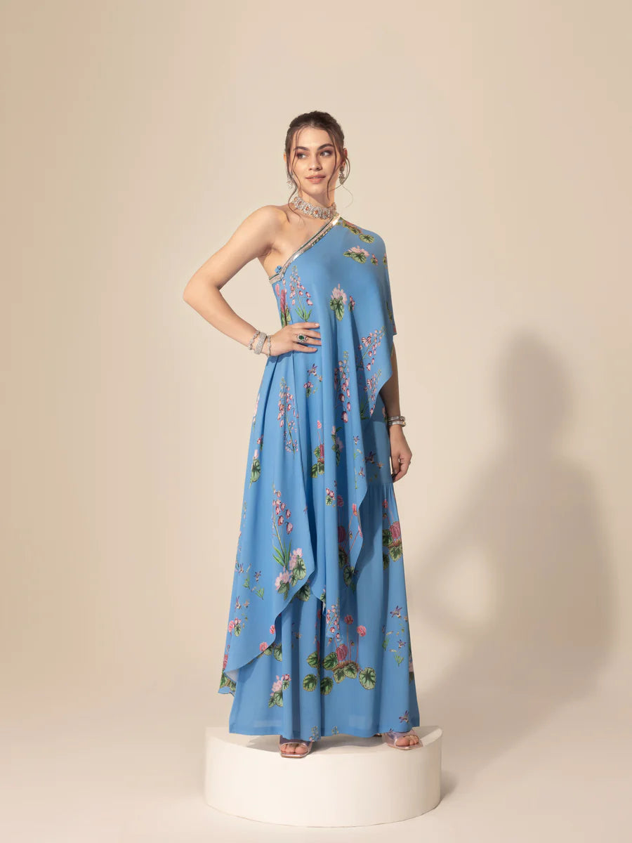 Light Blue Asymmetrical One Shoulder Tunic & Sharara Pants Comfortable Jogger Trousers