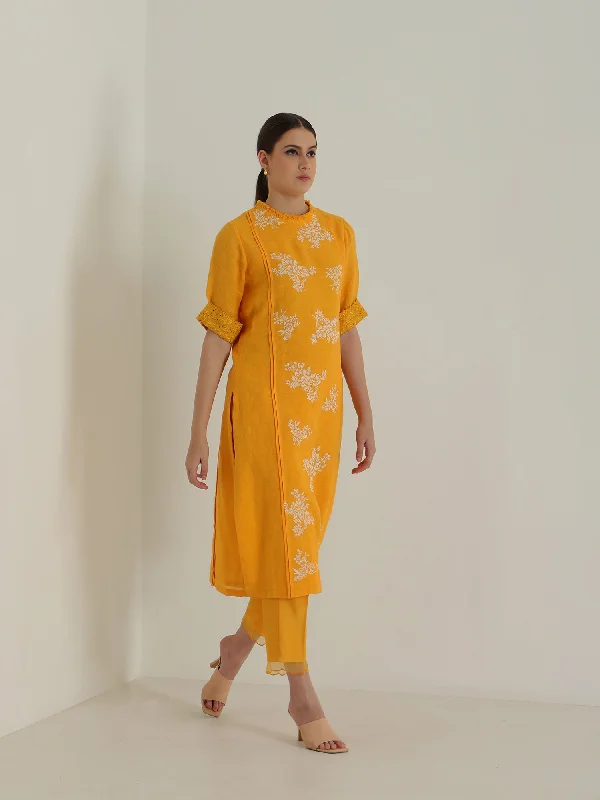 Mustard Tunic & Silk Chanderi Pants Without Dupatta High-Waist Yoga Pants
