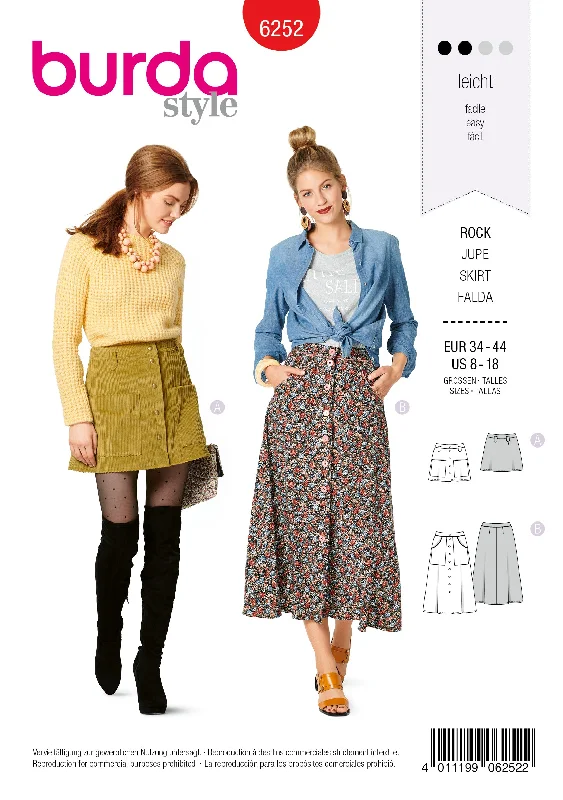 Burda Pattern 6252 Misses' Skirts, Front Fastening, Mini or Midi Length with Pocket Variations denim skirt fashionable