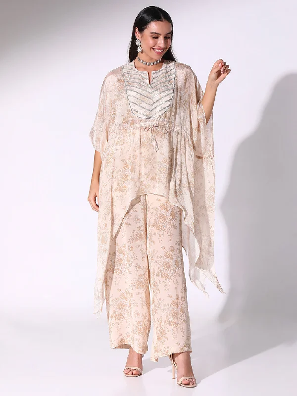 Beige Kaftan With Drawstring And Straight Pants Relaxed Casual Leggings