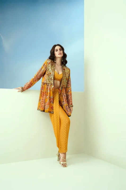 Yellow Printed Organza Yoke Emb. Peplum Jacket & Dhoti Pant Stretch Fit Pants