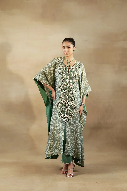 Green Embroidered Kaftan With Silk Pants Trendy Tapered Pants