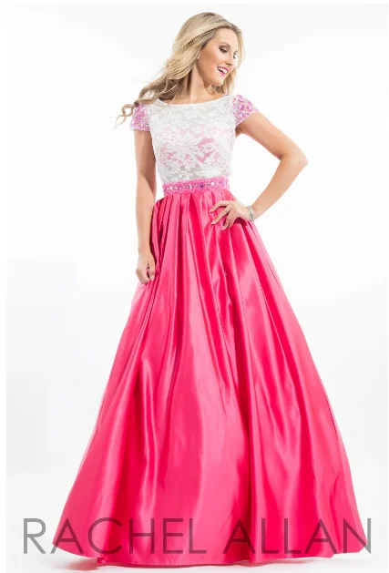 Rachel Allan 2059 White Lace Bodice Fuschia Skirt Ballgown lace skirt intricate