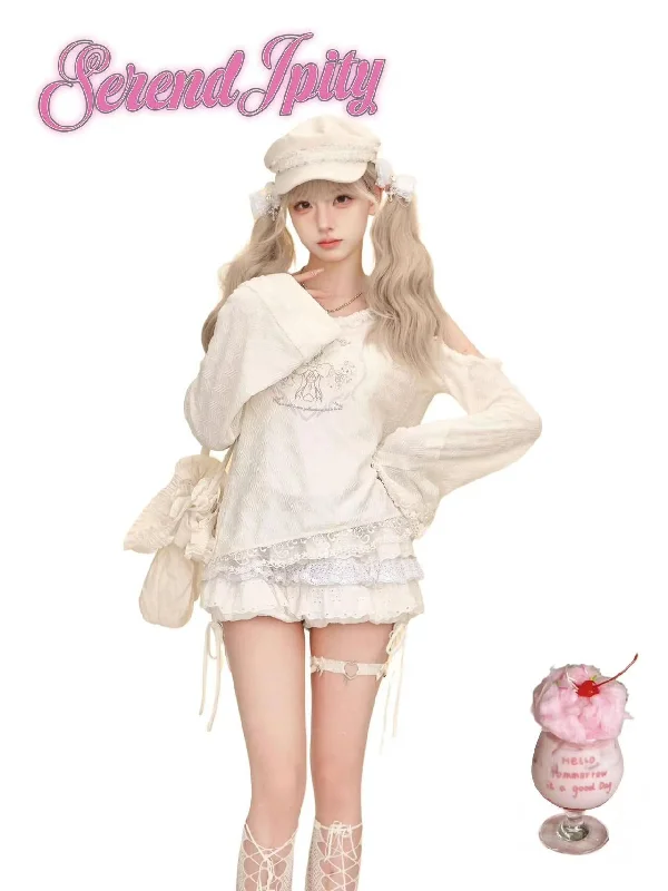 Angel Island Autumn Loose Hooded White Lace Sweater Top + White Cake Pants Skirt Chenille Fabric Brocade Fabric Lace Fabric Angel Island Autumn Loose Hooded White Lace Sweater Top + White Cake Pants Skirt Chenille Fabric Brocade Fabric Lace Fabric