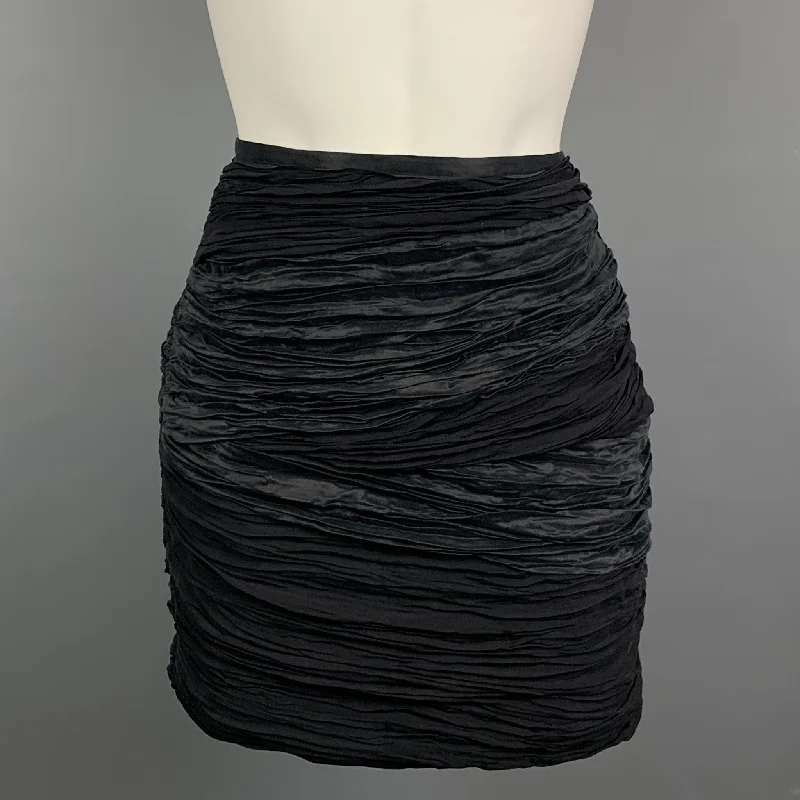 CATHERINE MALANDRINO Size 4 Black Ruched Silk Mini Skirt silk skirt lustrous