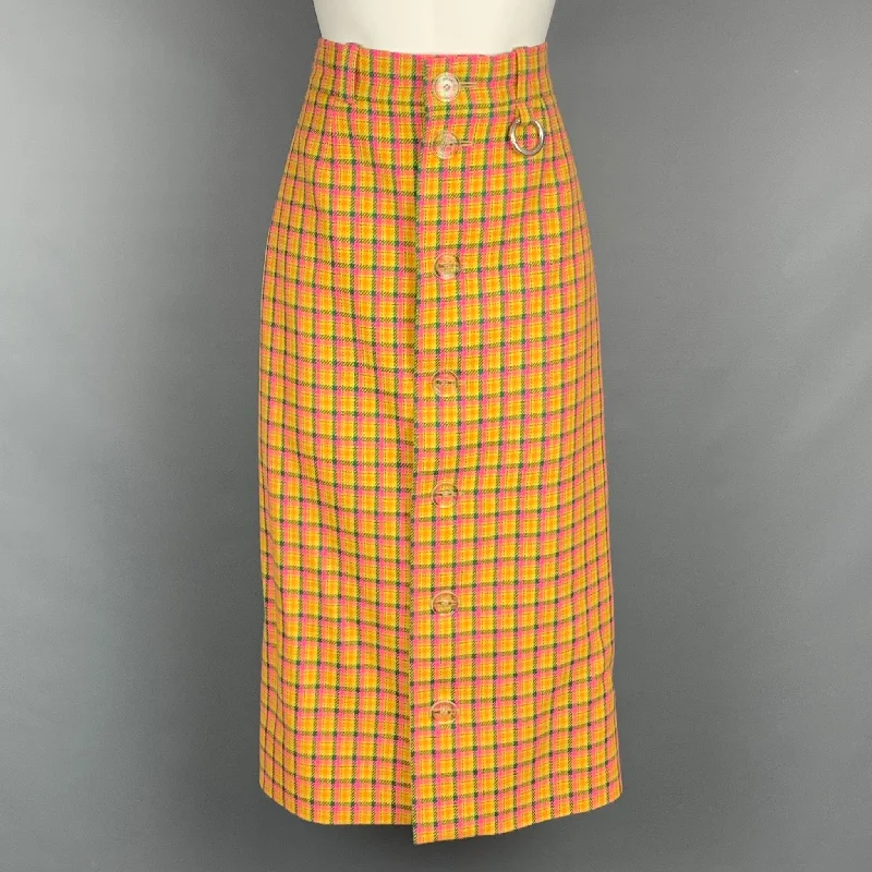 BALENCIAGA FW 2018 Size 4 Yellow & Pink Check Print Wool / Viscose High Waisted Midi Skirt chiffon skirt lightweight