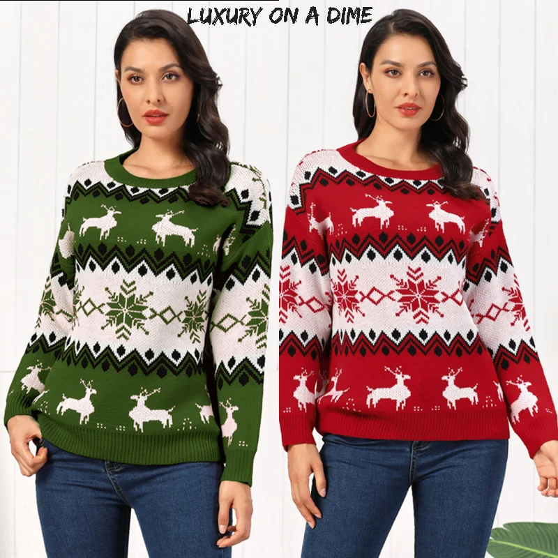 Snowflake Reindeer Fair Isle Knit Round Neck Classy Holiday Sweater Minimalist Chenille Fabric Brocade Fabric Lace Fabric