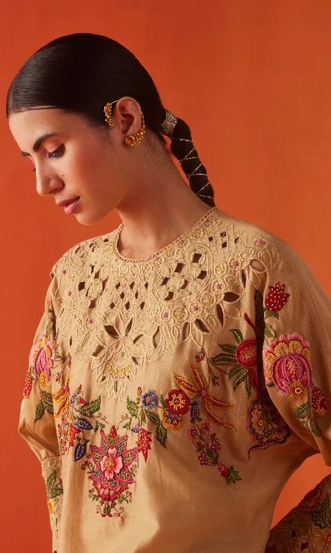 Beige embroidered kimono kurta with cutwork pants Trendy Printed Leggings