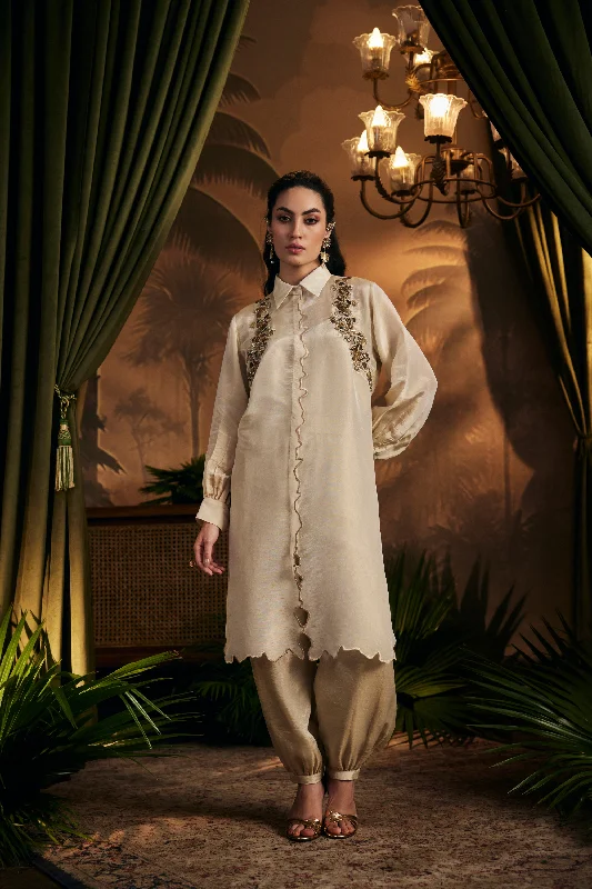 Gold Embroidered Tunic Paired With Afgani Pants Formal Linen Trousers