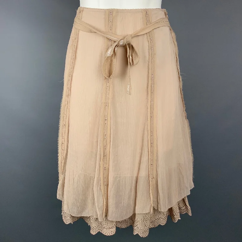 ELIE TAHARI Size 2 Beige Chiffon Eyelet Silk Belted Skirt high slit skirt