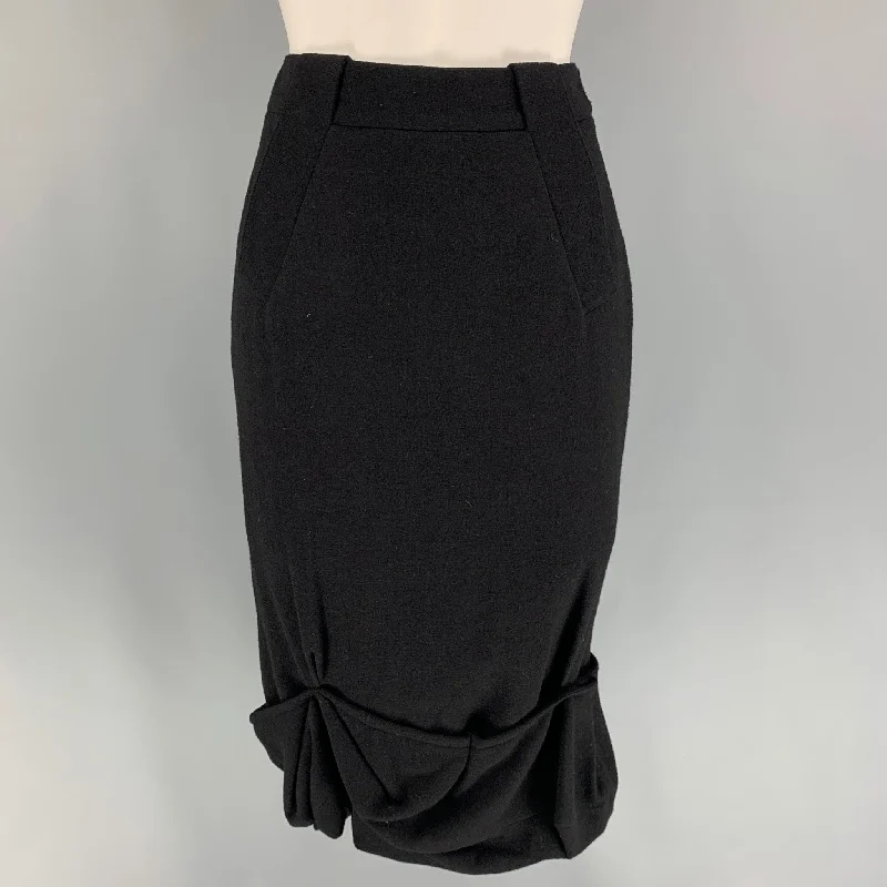 GIVENCHY Size 4 Black Wool Ruffled Pencil Mid-Calf Skirt vintage skirt charm