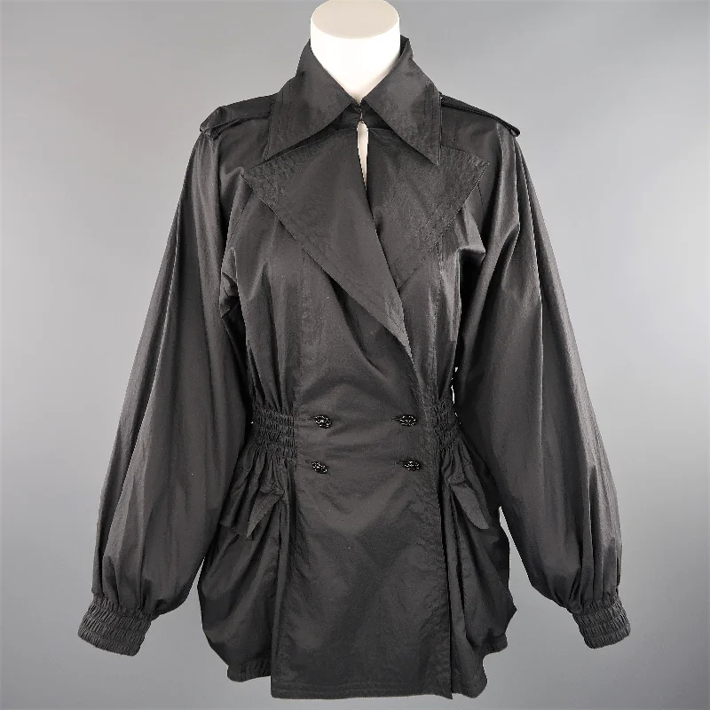 CHANEL Size 6 Black Double Breasted Balloon Sleeve Windbreaker Jacket Striped Jacket Polka Dot Jacket Floral Jacket