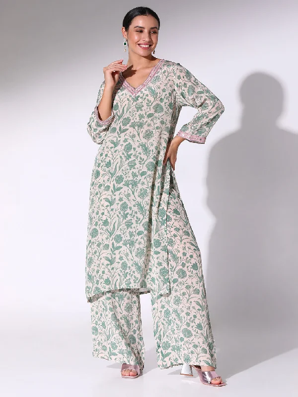 Pine Green Floral Tunic With Straight Pants Elegant Silk Pants