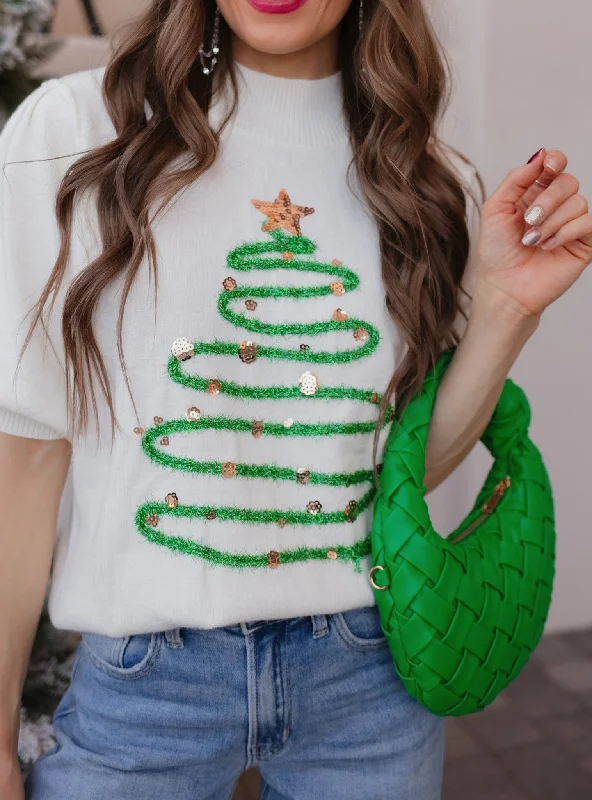 Fa La La Tinsel & Sequin Christmas Tree Sweater Houndstooth Herringbone Solid