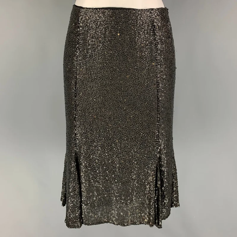 NAEEM KHAN Size 4 Black Charcoal Sequined Tulip Skirt high slit skirt