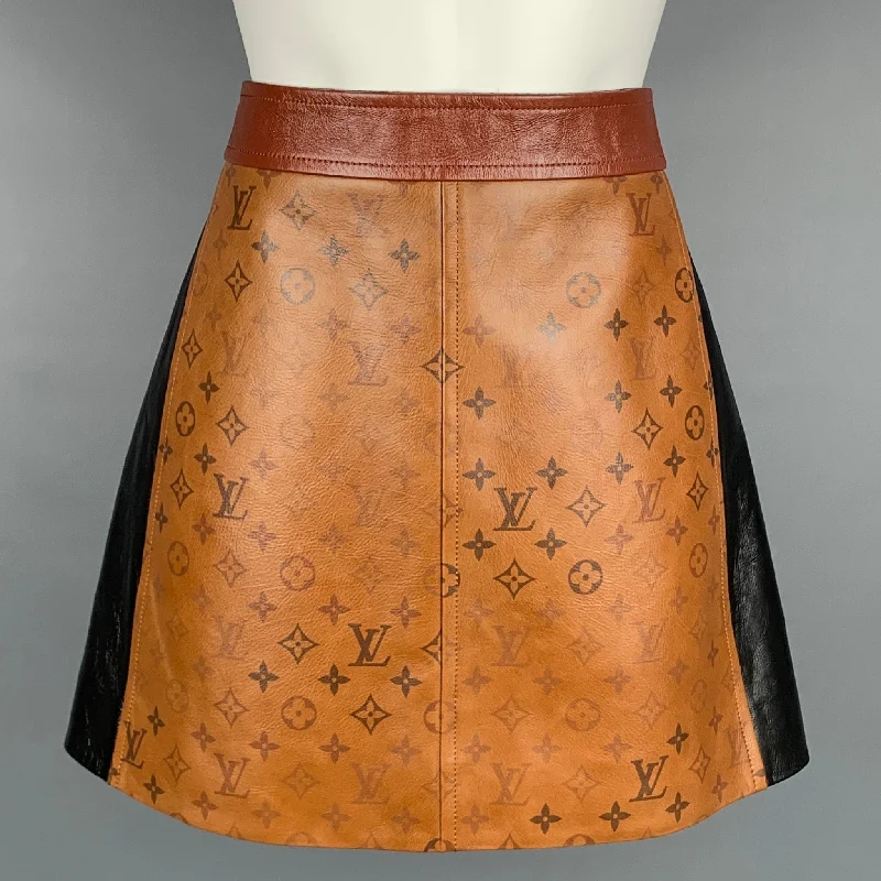 LOUIS VUITTON SS 2021 Size 4 Brown Leather Tattoo Monogram A-line Mini Skirt elastic waist skirt