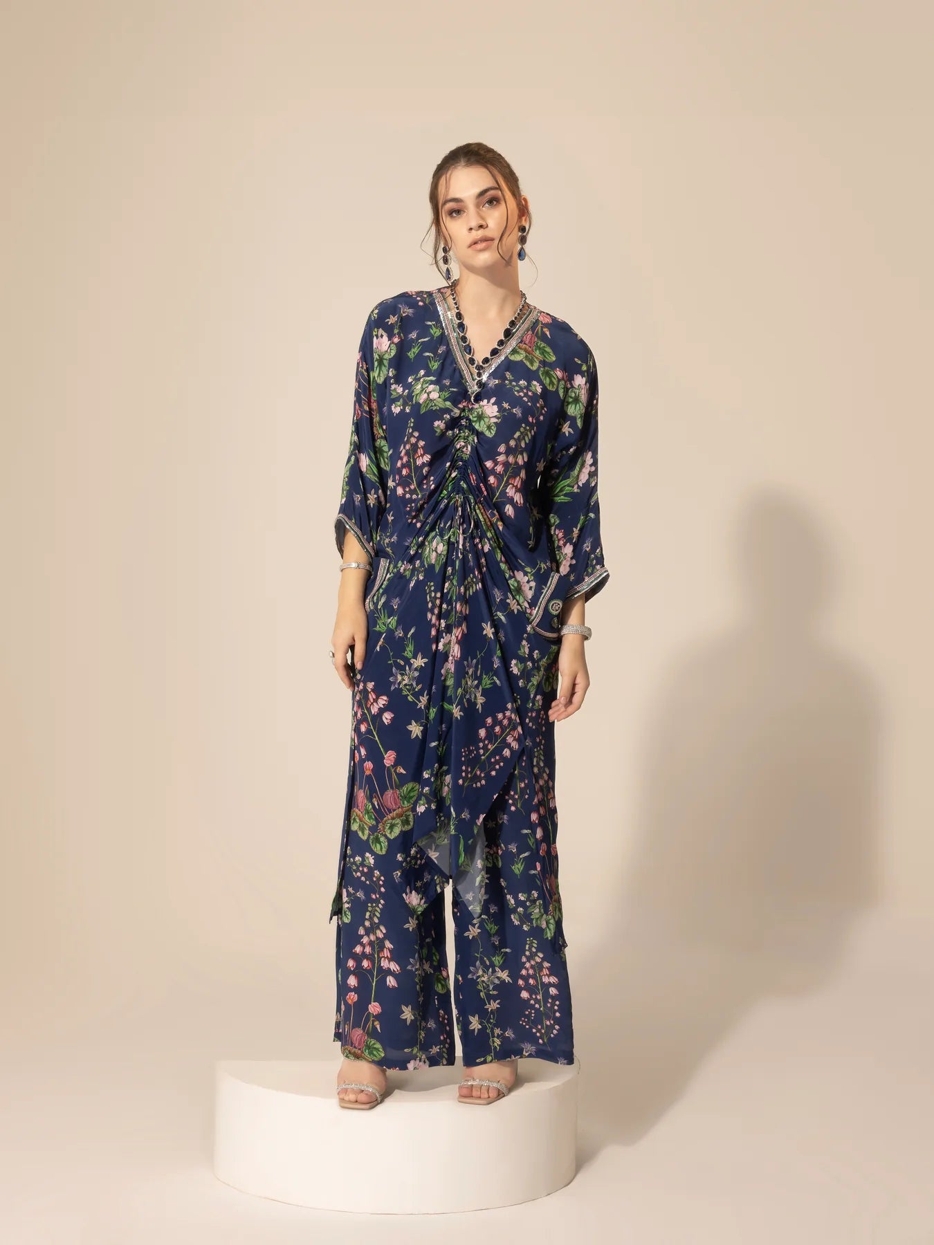 Navy Blue Botanical Drawstring Kaftan & Pants Set Slim Fit Casual Pants