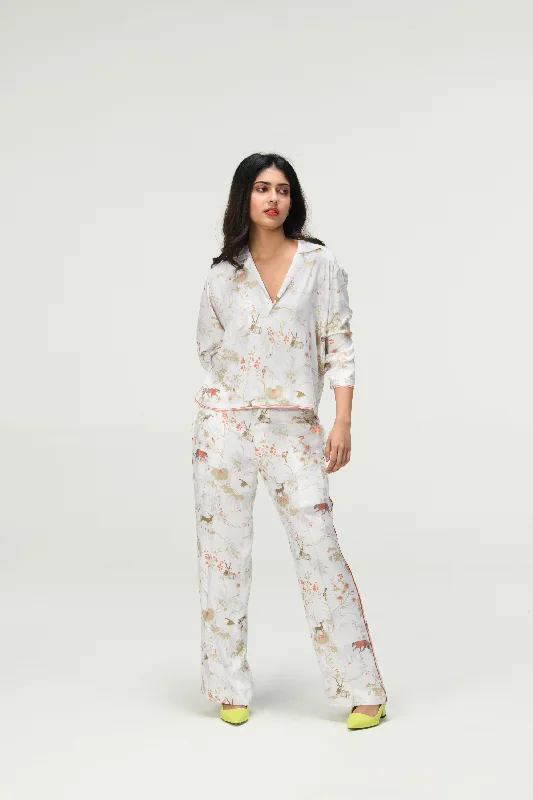 Rainforest Pyjama Pant Ivory Cotton Silk Twill High-Waist Trousers