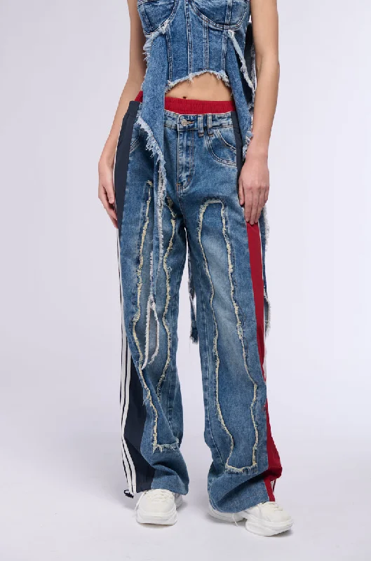 ALL AROUND THE WORLD PATCHWORK DENIM JOGGER PANT IN RED MULTI Comfy High-Waist Jeans