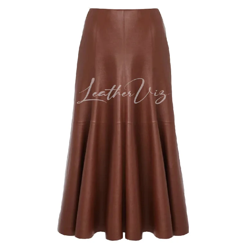 PANELED DETAILING FLARED MIDI LEATHER SKIRT summer skirt style