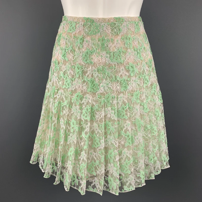 CHRISTOPHER KANE Size 6 White & Green PLeated Silk Skirt silk skirt lustrous
