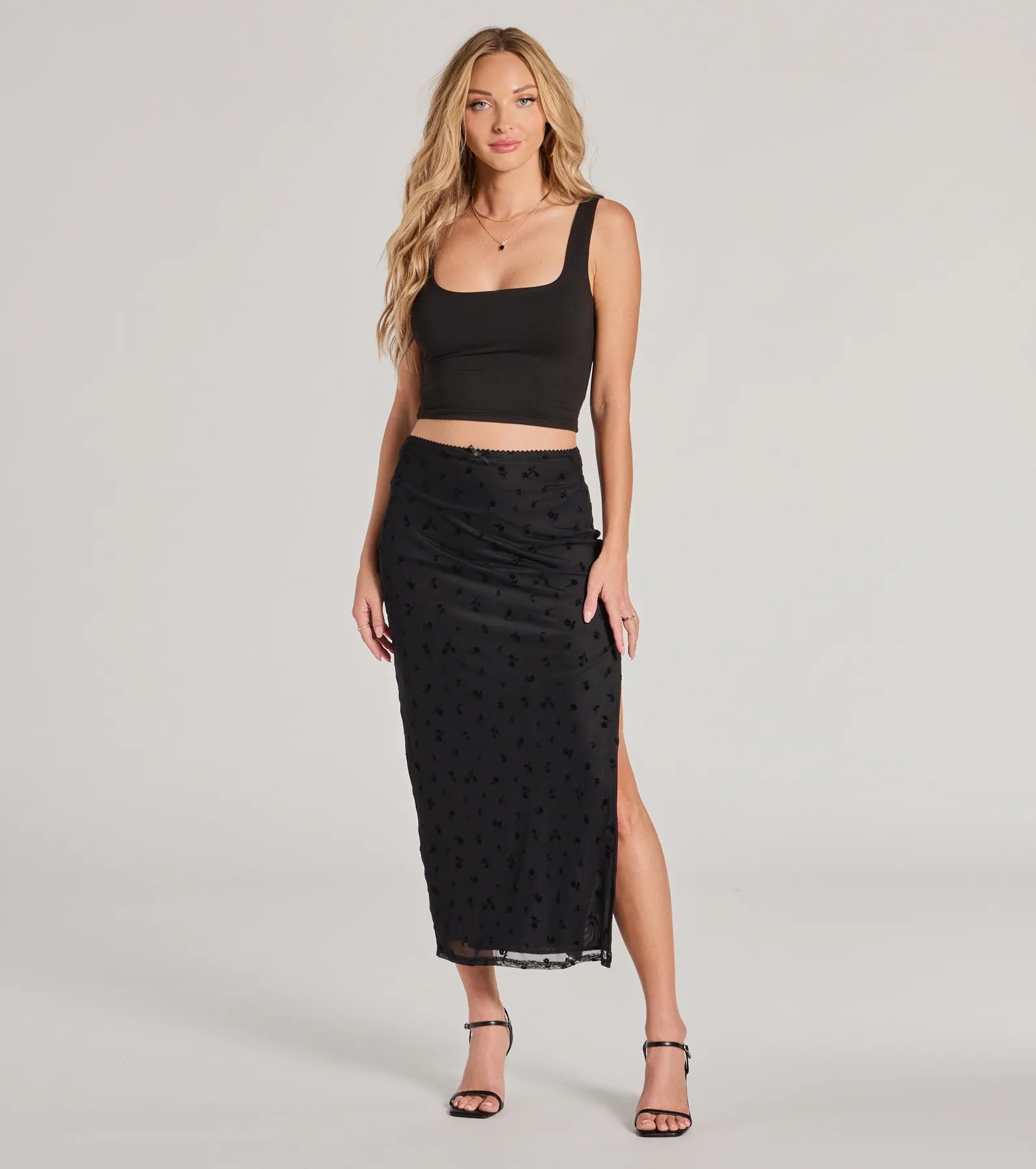 Evening Perfection High-Rise Flocked Floral Maxi Skirt high waist skirt