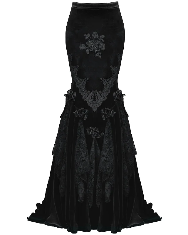 Eva Lady Long Gothic Rose Lace & Velvet Fishtail Mermaid Skirt ruffled skirt detail