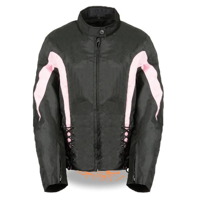 Nexgen SH2188 Women's Black and Pink Textile Motorcycle Riding Jacket with Side Stretch and Lacing Tiered Jacket Buttoned Jacket Zippered Jacket Nexgen SH2188 Women's Black and Pink Textile Motorcycle Riding Jacket with Side Stretch and Lacing Tiered Jacket Buttoned Jacket Zippered Jacket