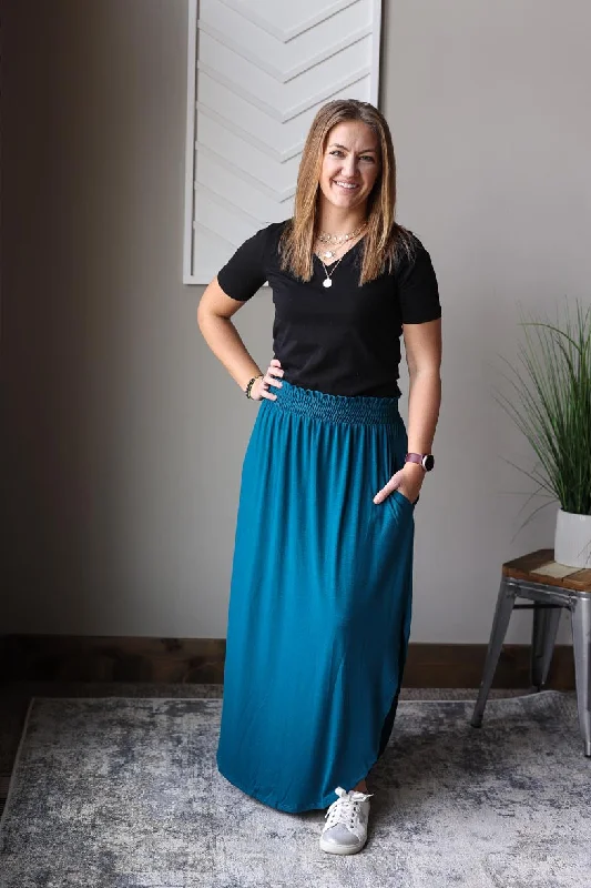 Teal Smocked Waist Maxi Skirt, M, XL spandex blend skirt