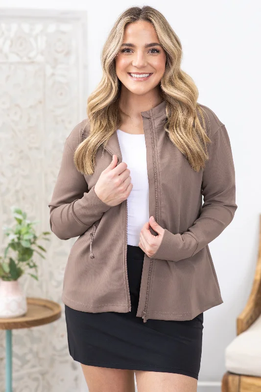 Mocha Jacquard Ribbed Hoodie Jacket Fleece Jacket Down Jacket Feather Jacket