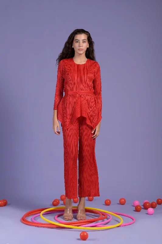 Paisley Peplum Top With Coordinated Straight Pants - Red Chic Faux Leather Pants