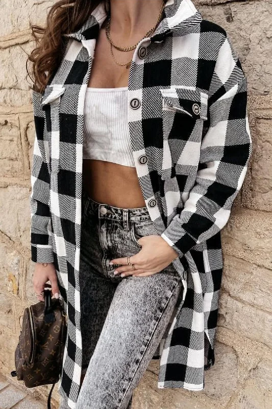 WOMEN LONG LENGTH PLAID PATTERN BUTTON UP JACKET Striped Jacket Polka Dot Jacket Floral Jacket WOMEN LONG LENGTH PLAID PATTERN BUTTON UP JACKET Striped Jacket Polka Dot Jacket Floral Jacket