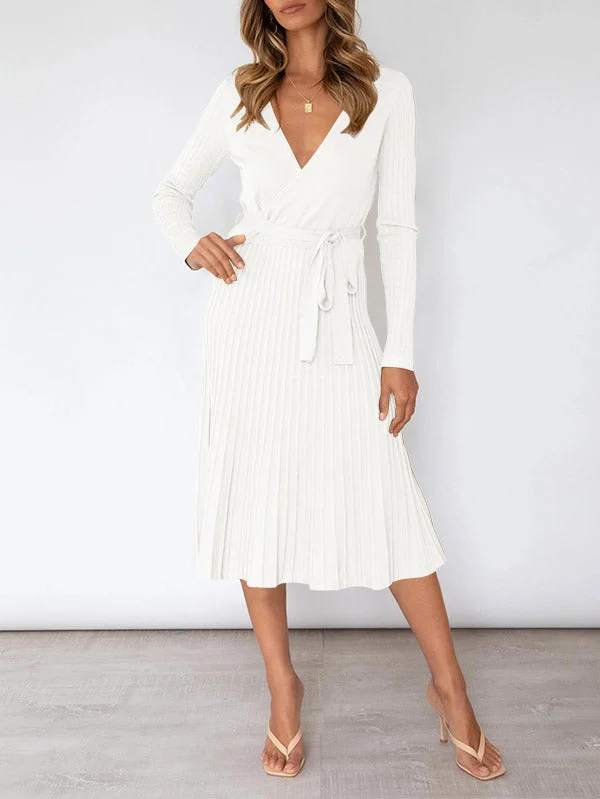 Women's Long Sleeve Midi Dress Wrap Pleated Sweater Dresses Zippered Buttoned Snapped Women's Long Sleeve Midi Dress Wrap Pleated Sweater Dresses Zippered Buttoned Snapped
