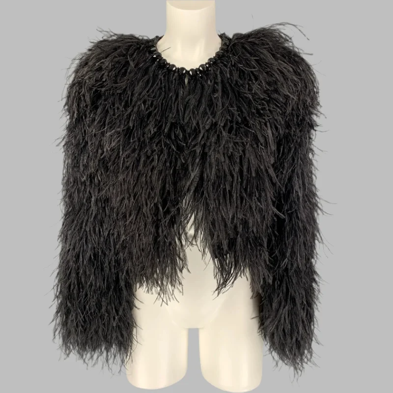 GIVENCHY Size 4 Black Silk Feathers Ostrich Cropped Jacket Hoodie Zip-Up Jacket Button-Up Jacket