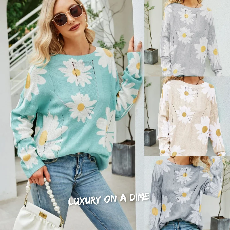 Daisy Knit Print Openwork Detail Lightweight Sweater Nylon Fabric Polyester Fabric Spandex Fabric