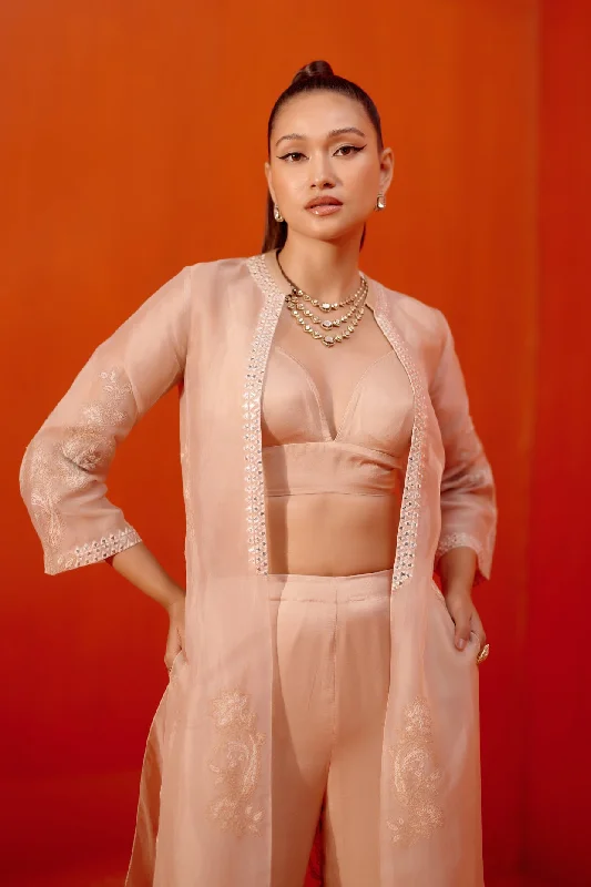 Beige Embroidered Cape and Pant Set Relaxed High-Waist Trousers