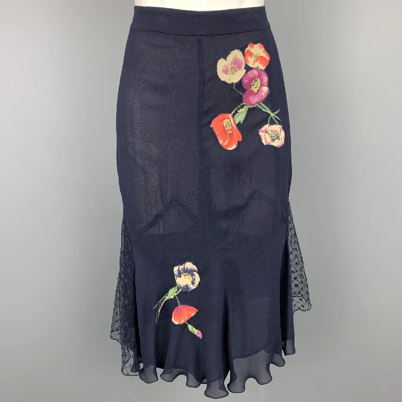 JIL STUART Size 6 Navy Floral Silk Lace Panel Skirt chiffon skirt delicate