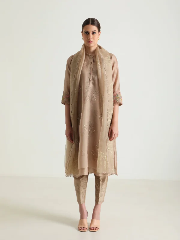 Beige Double Layer Tunic & Silk Chanderi Pant With Dupatta Classic Straight Pants
