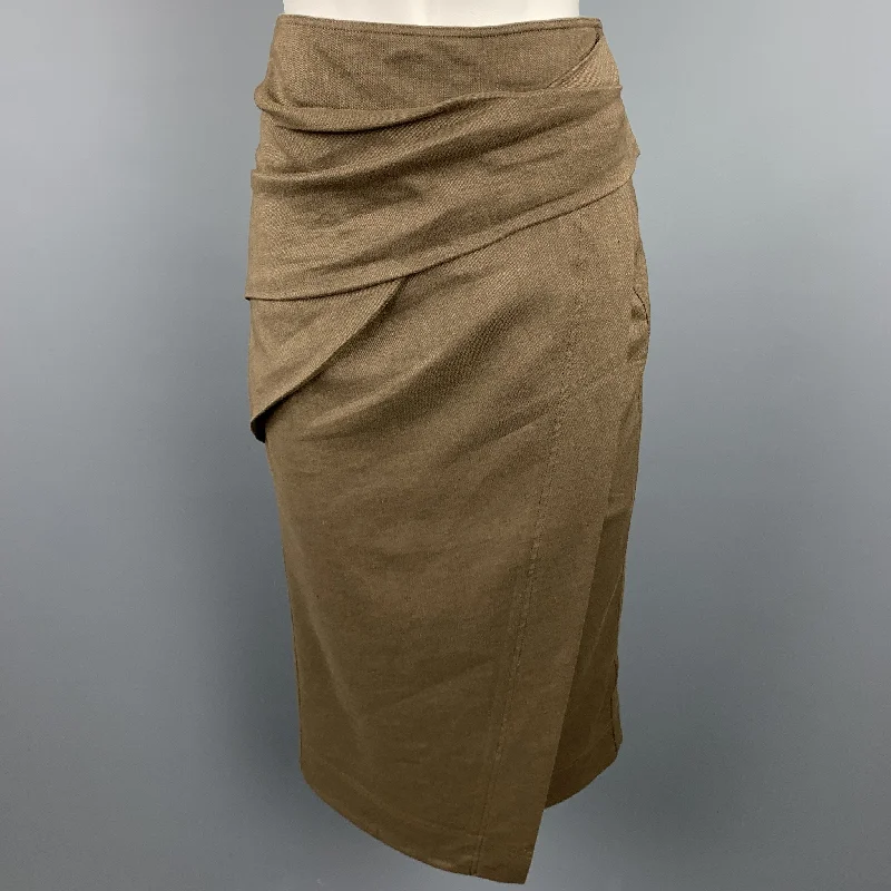DONNA KARAN Size 4 Olive Twill Wool / Linen Draped Skirt silk skirt lustrous