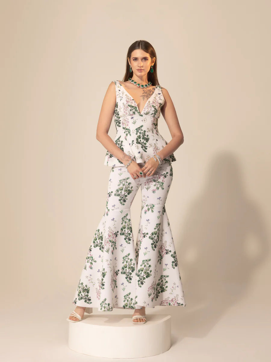 White Botanical Asymmetric Top & Sharara Pants Cozy Jogger Leggings
