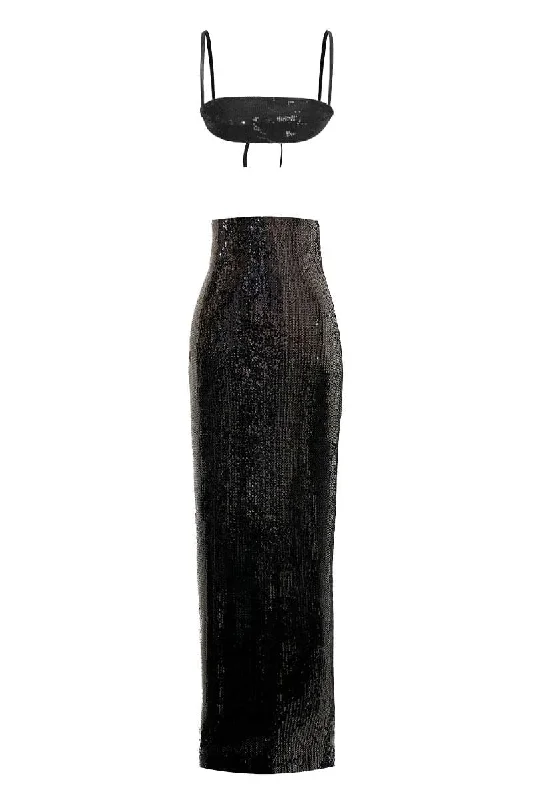 BLACK SEQUINS TOP AND SKIRT SET slim fit skirt