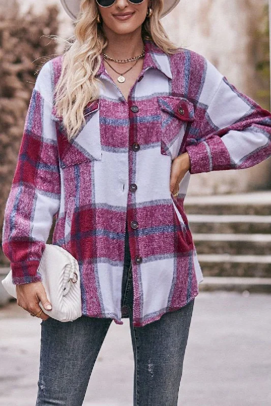 WOMEN FLIP TIE POCKET LOOSE PLAID JACKET Cardigan Sweater Pullover