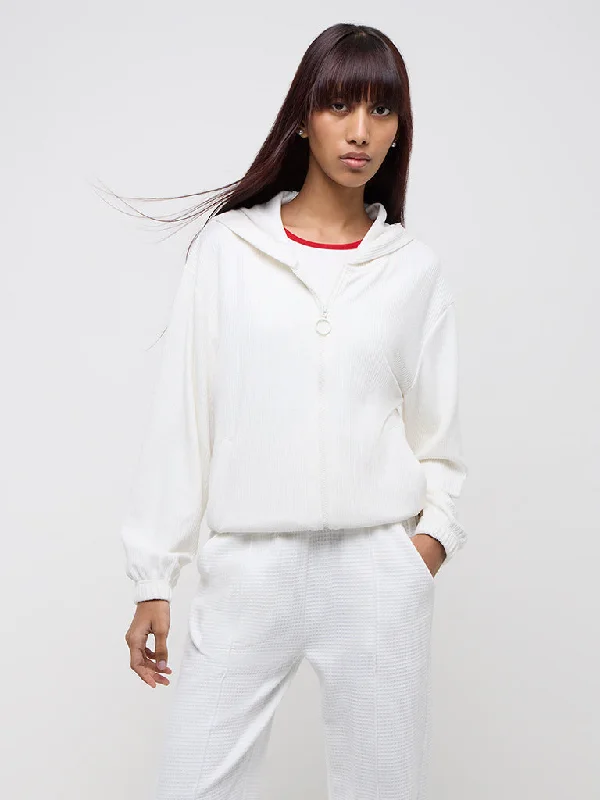 Studiofit White Ribbed-Textured Jacket Front Pockets Side Pockets Patch Pockets