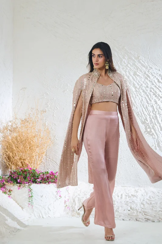 Nude Pink Cape Style Jacket With Bustier & Pants Fashionable Button-Up Pants