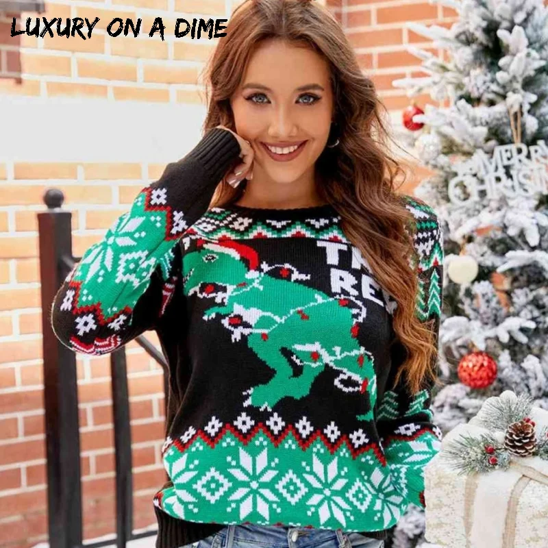 TREE REX Knit Holiday Long Sleeve T-rex Dinosaur Christmas Light Fun Sweater Lightweight Heavyweight Midweight