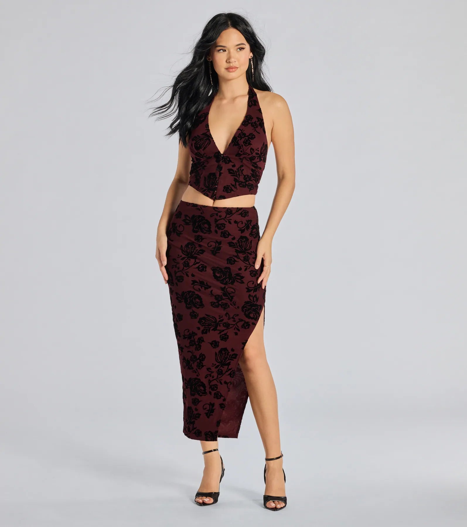 Luxe Wonder Flocked Velvet Floral Midi Skirt a-line skirt cut