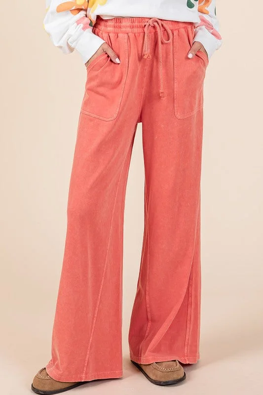 Hazel Blues® |  Mittoshop Mineral Wash French Terry Drawstring Wide Leg Pants Chic Faux Leather Pants