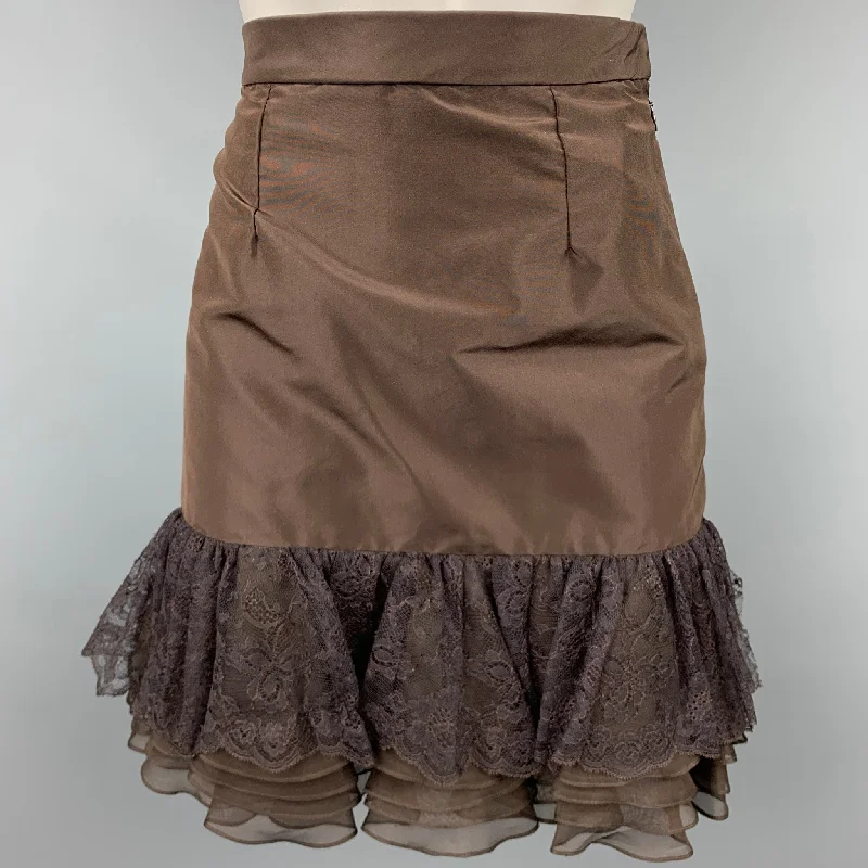 PETROU Size 2 Brown Silk Lace Ruffle Skirt linen skirt breathable
