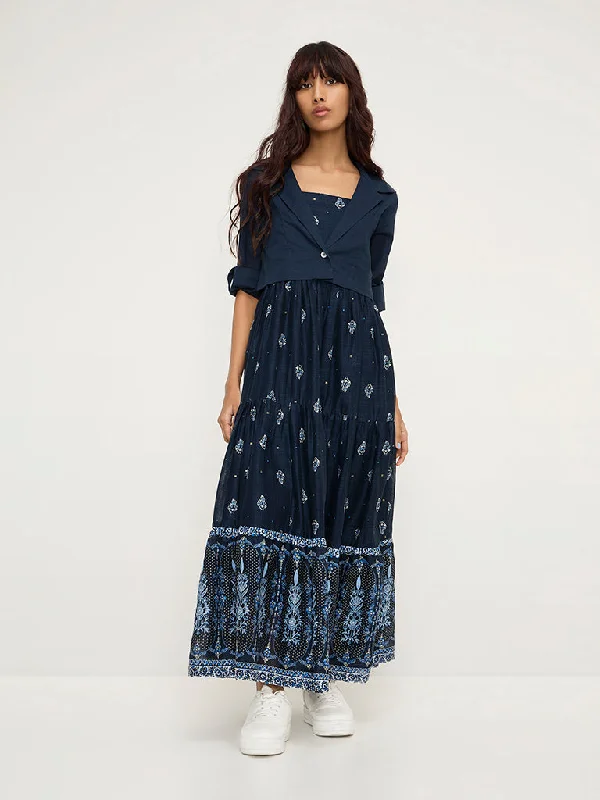 Bombay Paisley Dark Blue Floral Cotton-Blend Tiered Dress with Jacket Denim Jacket Leather Jacket Suede Jacket Bombay Paisley Dark Blue Floral Cotton-Blend Tiered Dress with Jacket Denim Jacket Leather Jacket Suede Jacket