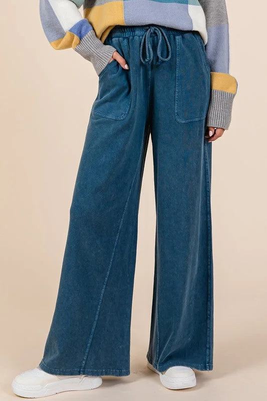 Hazel Blues® |  Mittoshop Mineral Wash French Terry Drawstring Wide Leg Pants Fashionable Work Pants